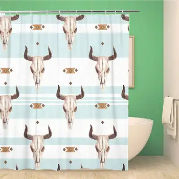 

Bathroom Shower Curtain Watercolor Ethnic Boho Seamless Pattern of Bull Cow Skull Horns Polyester Fabric 72x72 inches Waterproof