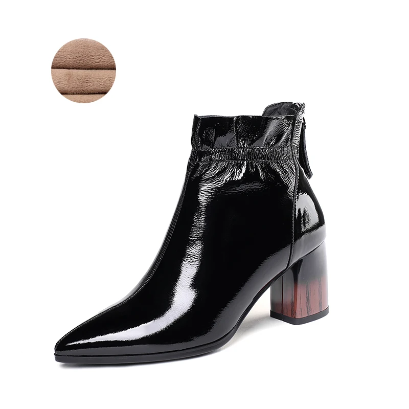 Red pleats fashion simple leather boots unique square root design warm Feminine High Heels women's shoes new Autumn winter - Цвет: Black Velvet