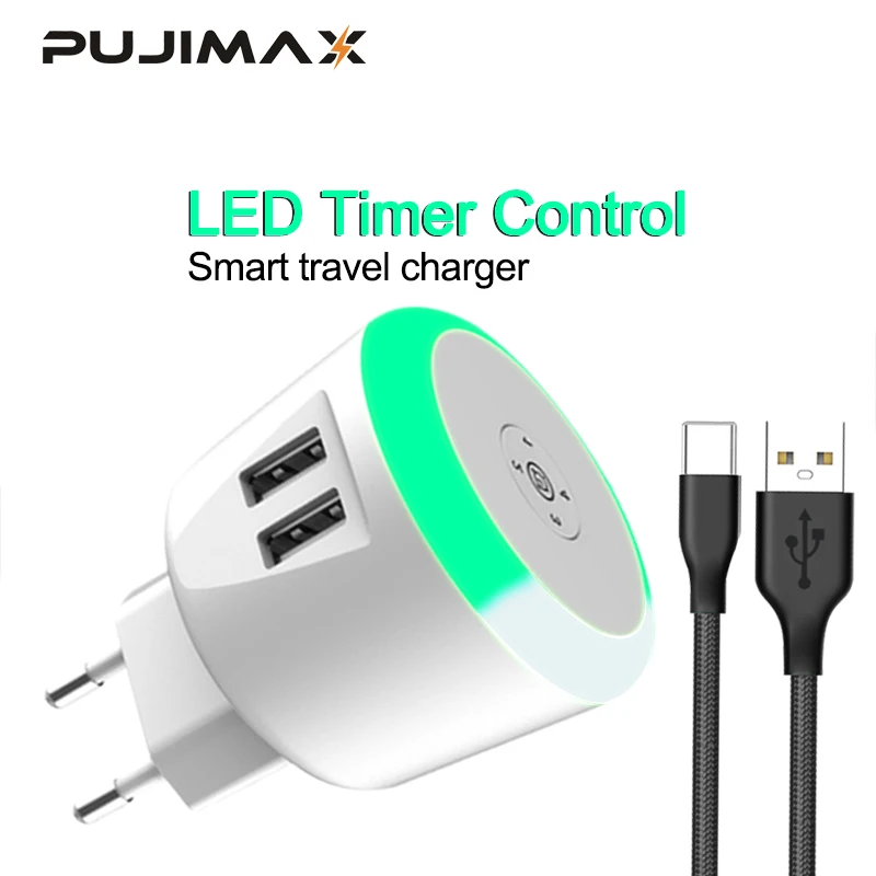 

PUJIMAX LED Timer Control Smart travel charger with 1M USB cable dual usb inductive Charging For iPhone Samsung Xiaomi Huawei