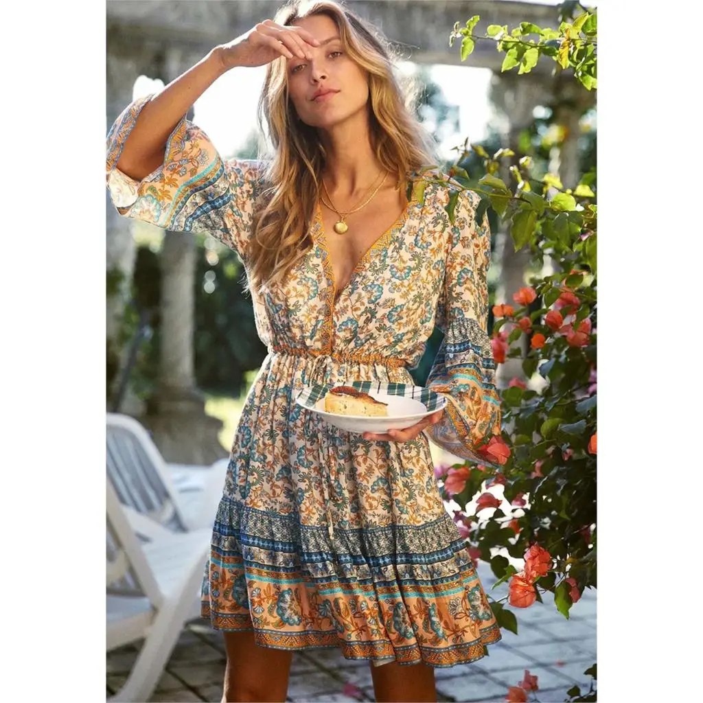 

Provence Floral Mini Dress Women Spring 3/4 Sleeve Flare Vneck Vintage Print Dresses 2020 Beach Boho Hippie Short Dress Vestidos
