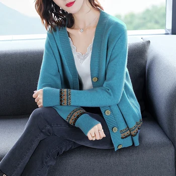 

V-neck Striped Knit Stretch Sweater Female Color Matching Long-sleeved National Style Cardigan Single-breasted Sweater Women