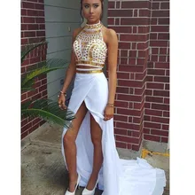 Сексуальный дизайн 2 шт Выпускные платья с высоким горлом Золотые кристаллы белый шифон спереди разрез вечерние праздничные платья Robe de Soiree