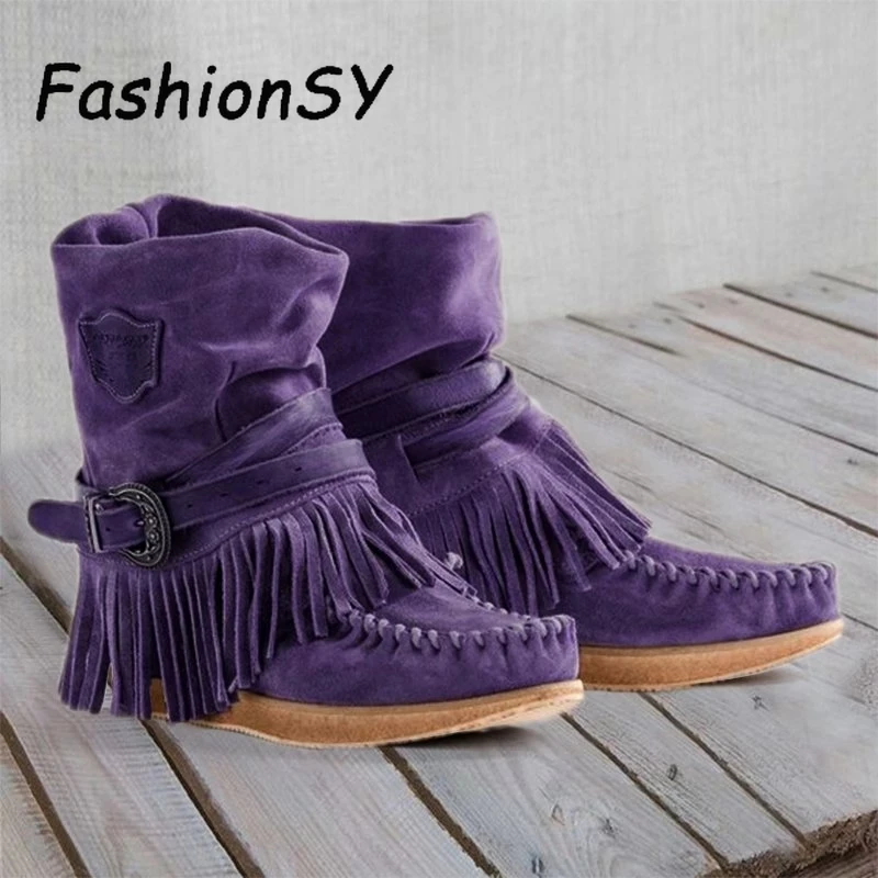 

Women's Short Boots British Style Frosted Tassel Buckle Ladies Flat Shoes Autumn Winter Warm Female Snow Boots Ankle Boots