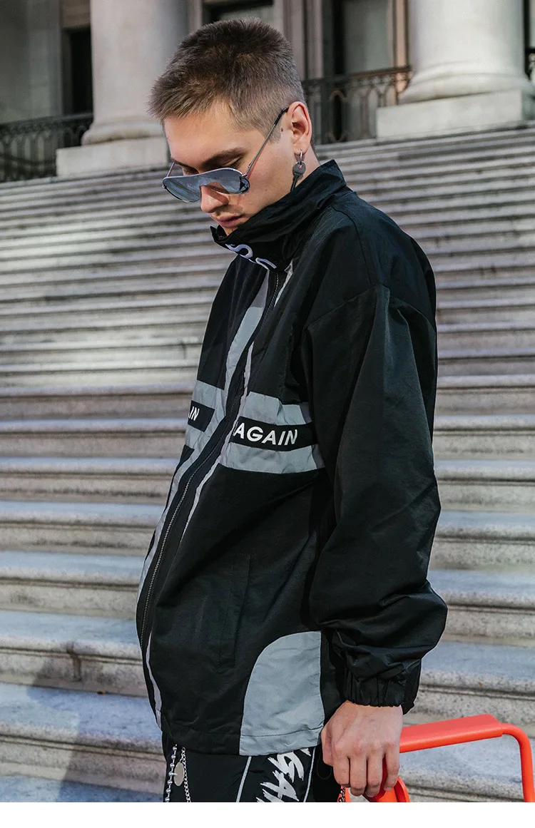 Men Hip Hop Jacket Windbreaker 3M Reflective Stripe Oversize Jacket Coat Embroidery Retro Jacket Streetwear Harajuku Autumn