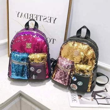 

New fashion sequin trend ladies backpack color patchwork lovely student schoolbag Free Shipping