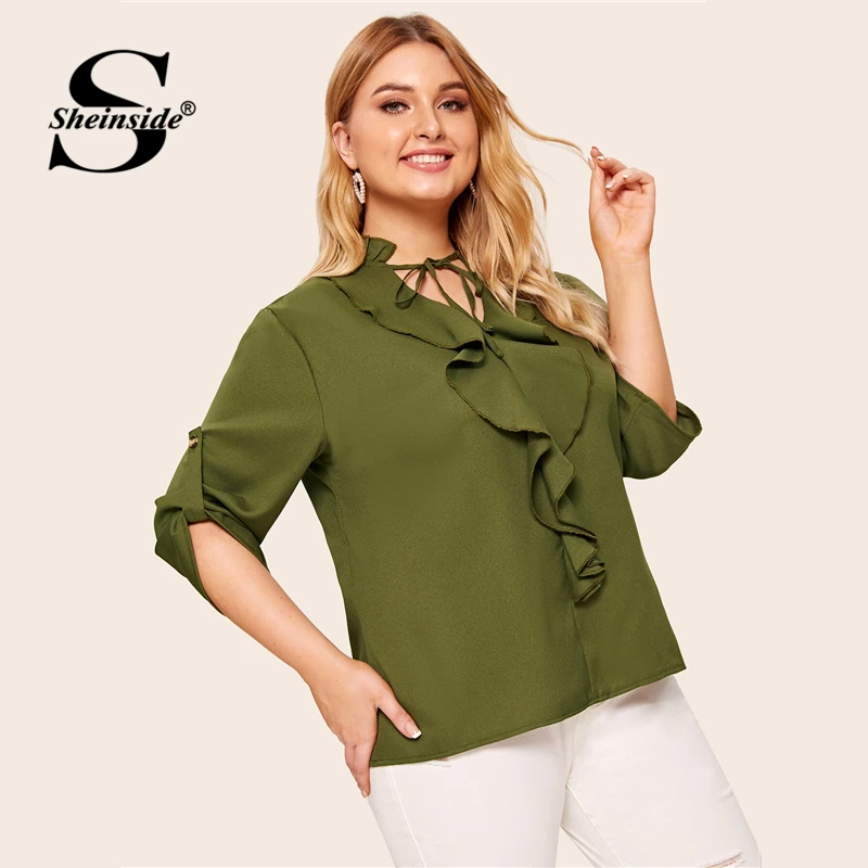 Preise Sheinside Plus Größe Casual Armee Grün Lace Up V ausschnitt Bluse Frauen 2019 Herbst Roll Up Sleeve Blusen Damen Rüschen trim Top