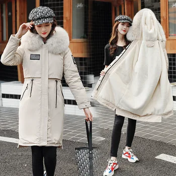 

Long section cotton coat female 2019 winter new lamb hair lining loose hooded down padded women's party to overcome