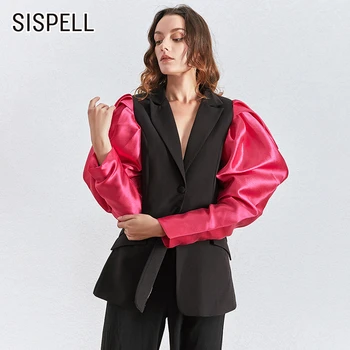 

SISPELL Patchwork Puff Sleeve For Female's Blazer Coat Lapel Collar Long Sleeve High Waist Slim Womne Suits Streetwear Fashion