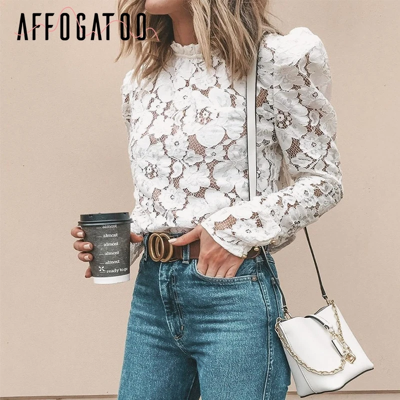 Affogatoo Elegant lace white blouse shirt women Sexy hollow out embroidery tops Vintage puff sleeve