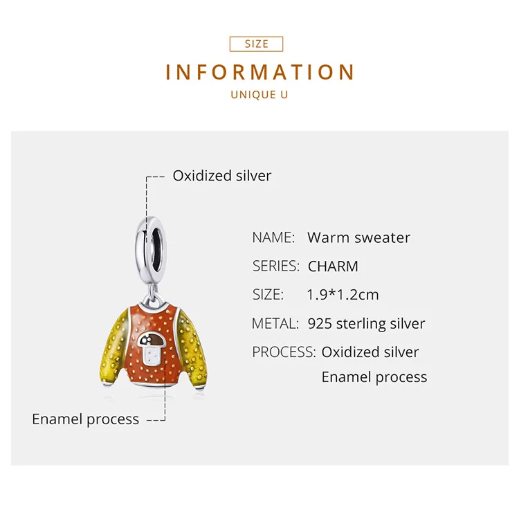 Warm Sweater Dangle Charm for Pandora Bracelet | S925 Sterling Silver | Go Glam Girl 8 Warm Sweater Dangle Charm for Pandora Bracelet | S925 Sterling Silver | Go Glam Girl - Show your style with the Pumpkin Pie Charm. Hand-finished in sterling silver, this charm features a colorful enamel sweater in yellow and orange with a cute little mushroom as a stamp on the sweater. This exquisite and unique charm will bring mood and beauty to your day. Perfect gift for mom, sister, grandmother, friend or yourself. | 🚚 Free Standard Shipping 7-30 days | 🥇 Top Quality Product | 💎 100% S925 Sterling Silver | 🛡️ 100% Safe & Secure checkout