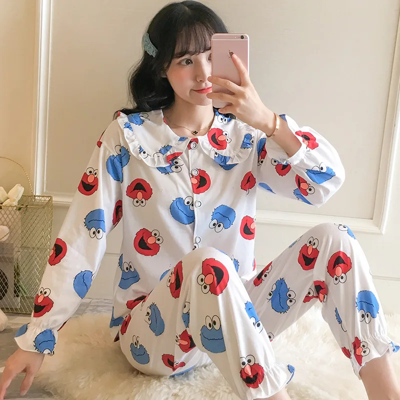 

Korean-style Spring And Autumn Pajamas Women's Autumn And Winter Long-sleeved Cardigan Pure Cotton Sweet Cute Two-Piece Set Summ