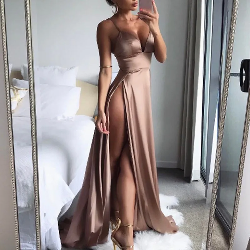 

Summer Women Sexy Spaghetti Strap Split Party Dresse Elegant Backless Stain Long Dresse V-Neck Evening Maxi Dress Clubwear