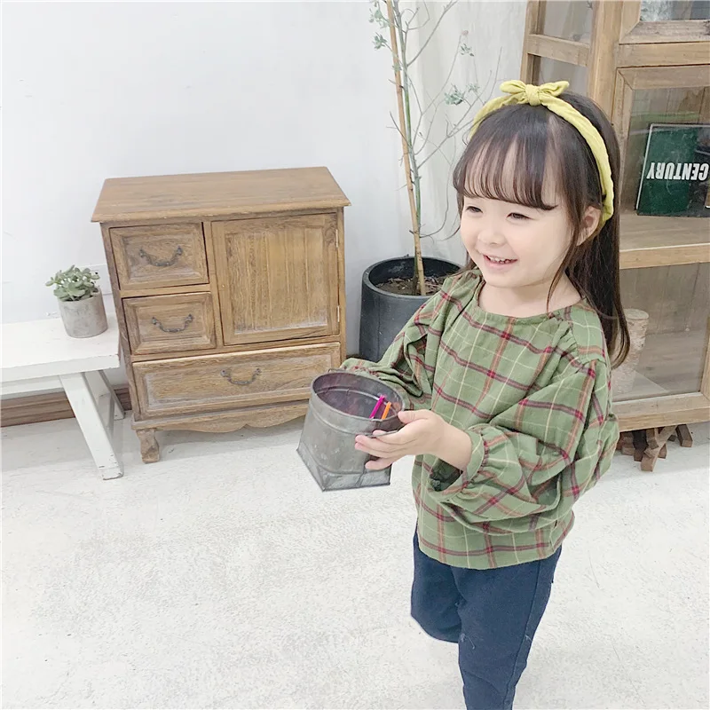 Korean Style Cute Girls Fashion Plaid Blouse Kids Pure Cotton Puff Sleeve Loose Blouses 1-5y