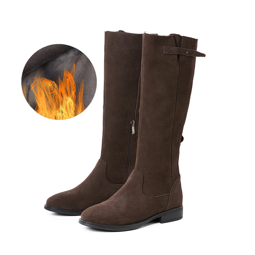 brown fur Большие размеры 34-43; модные женские сапоги до колена; женские сапоги на плоской подошве; сапоги на молнии; ковбойские сапоги; высокие сапоги; повседневная обувь - Цвет: brown fur