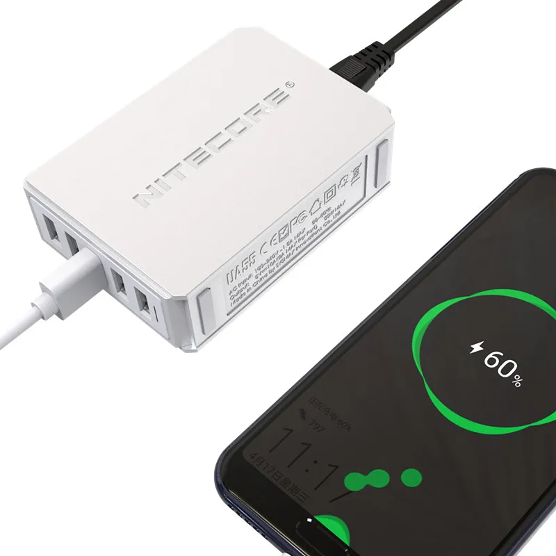 NITECORE UA55 5-Порты и разъёмы Зарядное устройство USB адаптер 50 Вт высокой мощности Скорость зарядки 10A Max Выход ток адаптер для зарядного устройства
