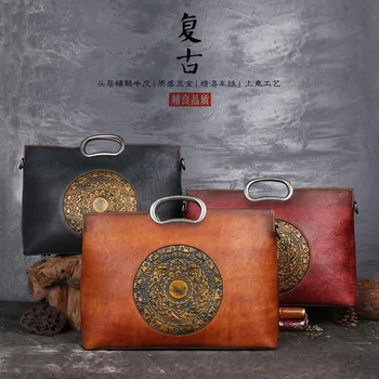 

Single shoulder bag woman head layer cowhide wipe color retro handbag woman embossed totem leather woman bag
