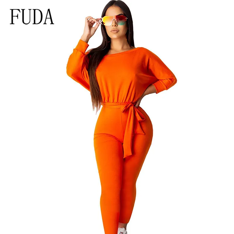 

FUDA Women Jumpsuits Rompers Long Sleeve Casual Playsuits with Belt Ladies High Quality Black Green Orange Female Trousers