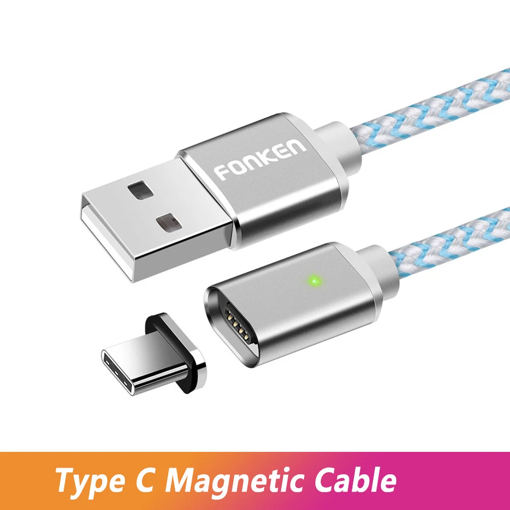 FONKEN Магнитный usb-кабель Micro USB type C Магнитный кабель для телефона 1 м 2 м светодиодный Быстрый Магнитный зарядный кабель Mini usb C зарядный шнур - Цвет: White Type c Cable
