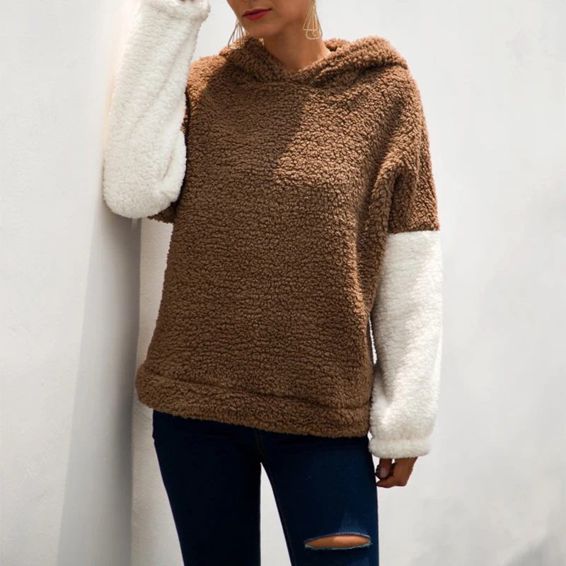 

WHOSONG Casual Plush Hooded Sweatshirt Women Long Sleeve Patchwork Autumn Winter Pullovers Female Streetwear Warm Outwear
