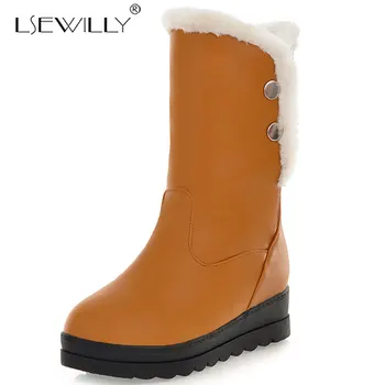 

Lsewilly Mid Calf Snow Boots Woman Winter 2019 Round Toe Slip On Platform Shoes Warm Add Fur half Boots Woman Size 34-43 K93