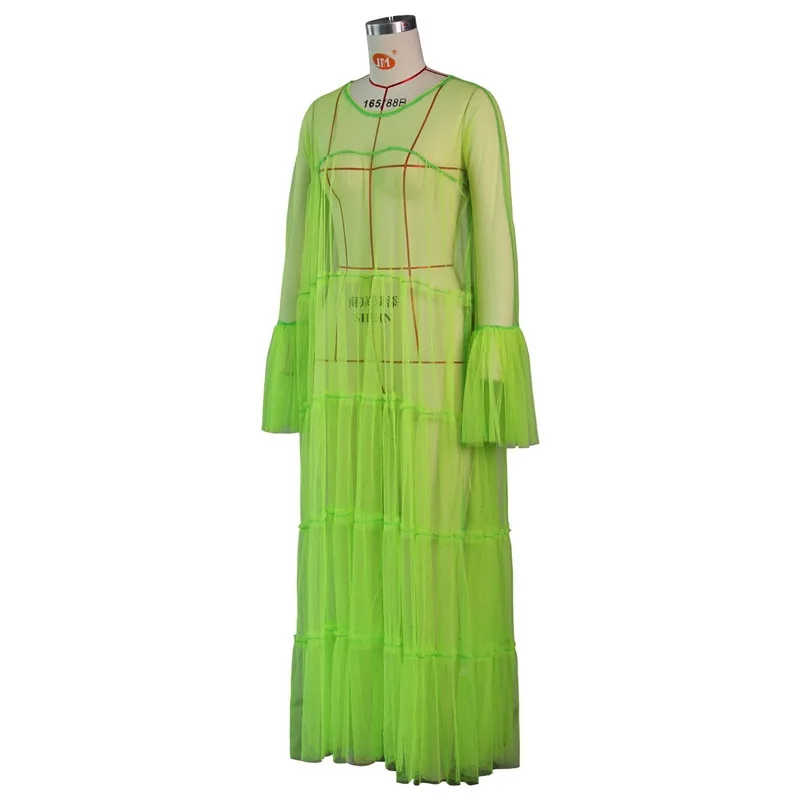 Неоновое зеленое прозрачное Сетчатое платье-туника пляжное платье с прозрачным Расклешенным рукавом Макси-платье купальник с рюшами Длинные праздничные платья