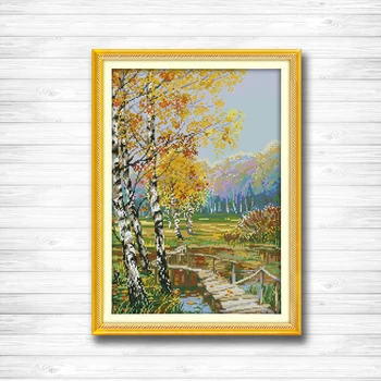 

The birch forests of autumn painting dmc 14CT 11CT counted cross stitch Needlework Set Embroidery kits Home decor crafts