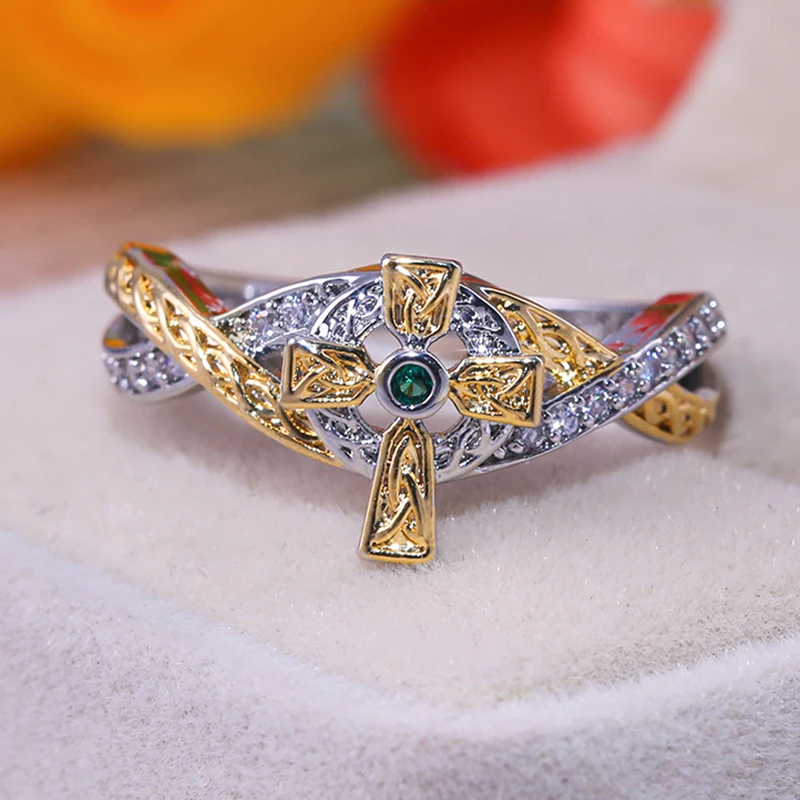 Женские перекрестные кольца, Золотое и Серебряное двухцветное зеленое кольцо с цирконием для женщин, обручальные ювелирные изделия, подарки, новая мода