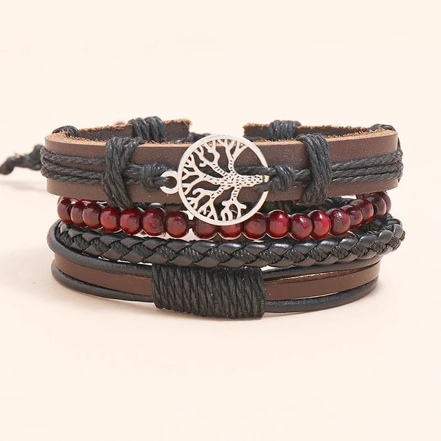 4Pcs/ Set Braided Wrap Leather Bracelets For Men Vintage Life Tree Rudder  Charm Wood Beads Ethnic Tribal Wristbands Punk Jewelry - AliExpress