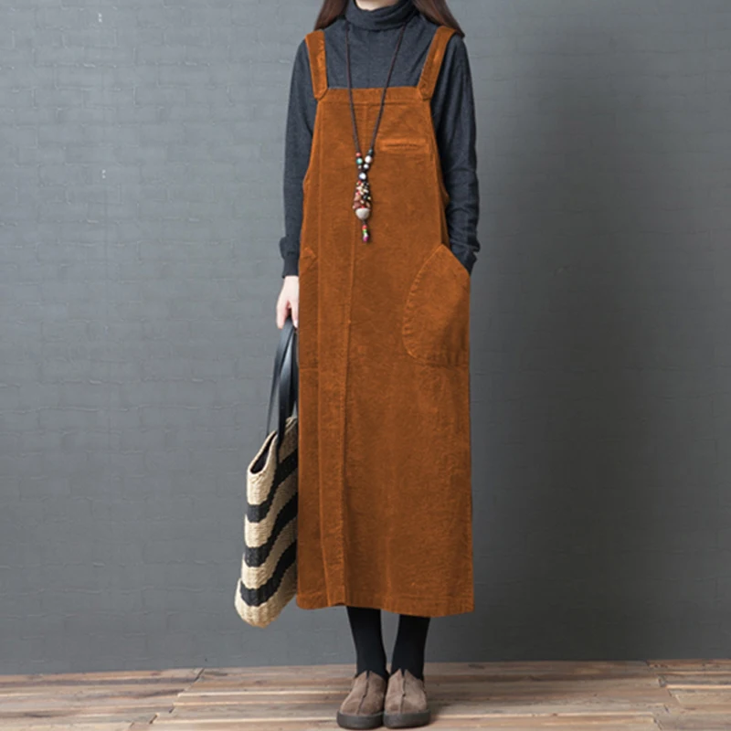 

Fashion Women Corduroy Vintage Dress Pocket Casual Sleeveless Suspender Autumn Winter Loose Overall Dress Female Midi Dresses