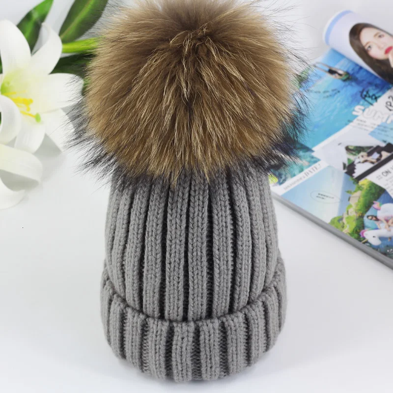 Winter Brand Female Fur Pom Poms hat Winter Hat For Women Girl 's Hat Knitted Beanies Cap Hat Thick Women Skullies Beanies - Цвет: gray