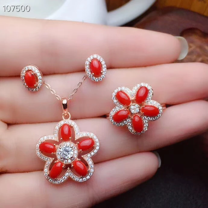 FASHION NATURAL RED CORAL RING EARRINGS AND NECKLACE JEWELRY SET WITH REAL 925 SILVER FOR WOMEN RECOMMEND GIRL ANNIVERSARY GIFT | Украшения