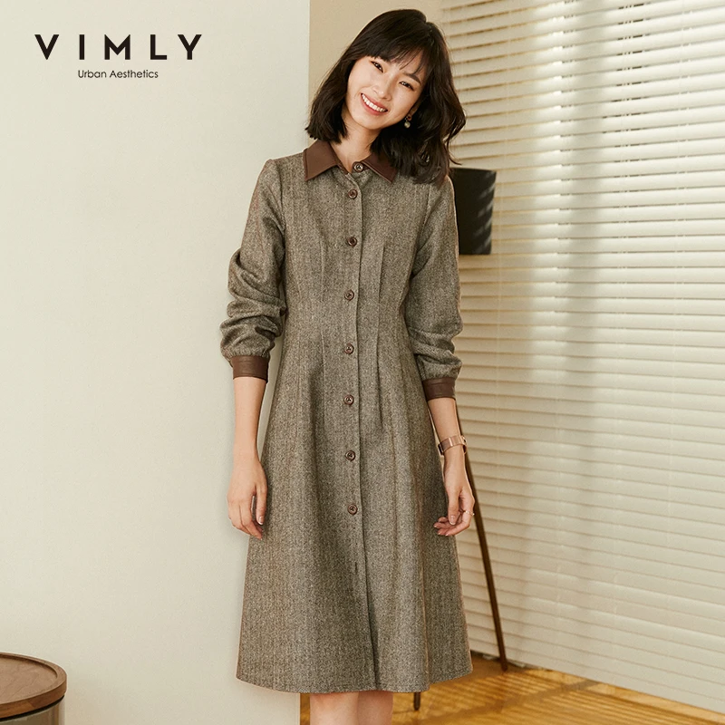 Vimly женские шерстяные футболки платья Модная зимняя обувь на высоком каблуке талии однобортное пальто с