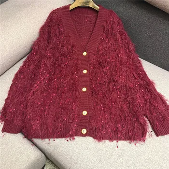 

Jacket Women's Chic Top Spring Vintage Mid-Length Lazy Wind Fringed Loose-Fit Cardigan Sweater Knitted Cardigan Ladies Knitwear