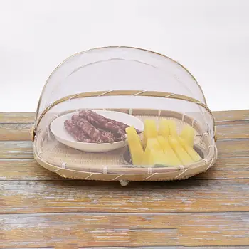 

Bamboo Woven Picnic Food Serving Mesh Basket Anti-flies Fruit Tray Net Tent Cover