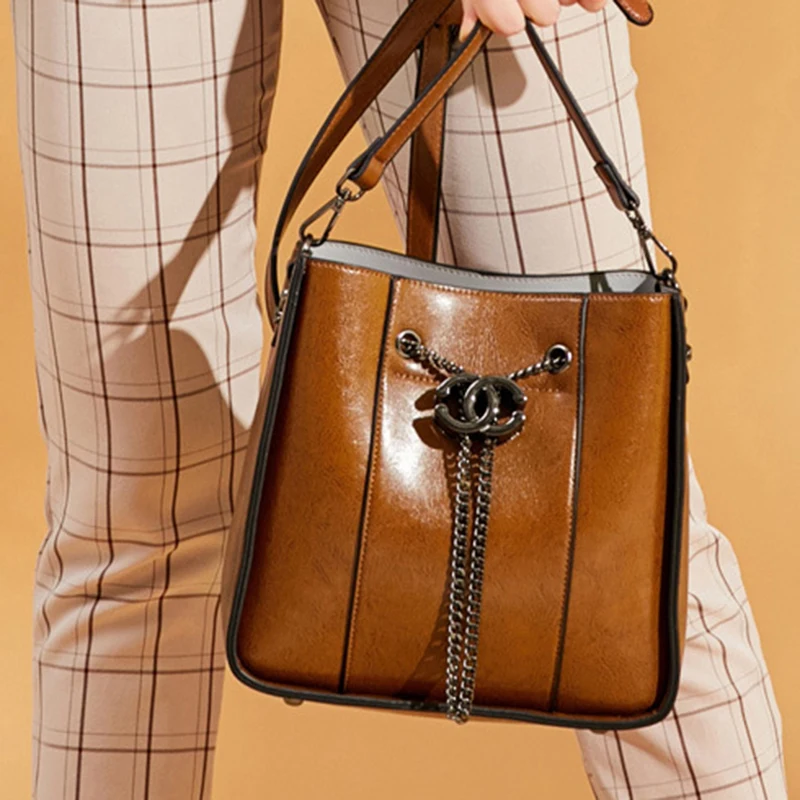 Женская сумка на плечо из натуральной воловьей кожи с масляным воском, Женская Офисная сумка через плечо с цепочкой, женские сумки-мессенджеры с верхней ручкой