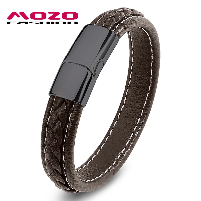 SH010-Z MOZO модные панк мужские ювелирные изделия плетеный кожаный браслет женский браслет ручной работы модный браслет с застежкой из нержавеющей стали синий - Окраска металла: SH010-Z