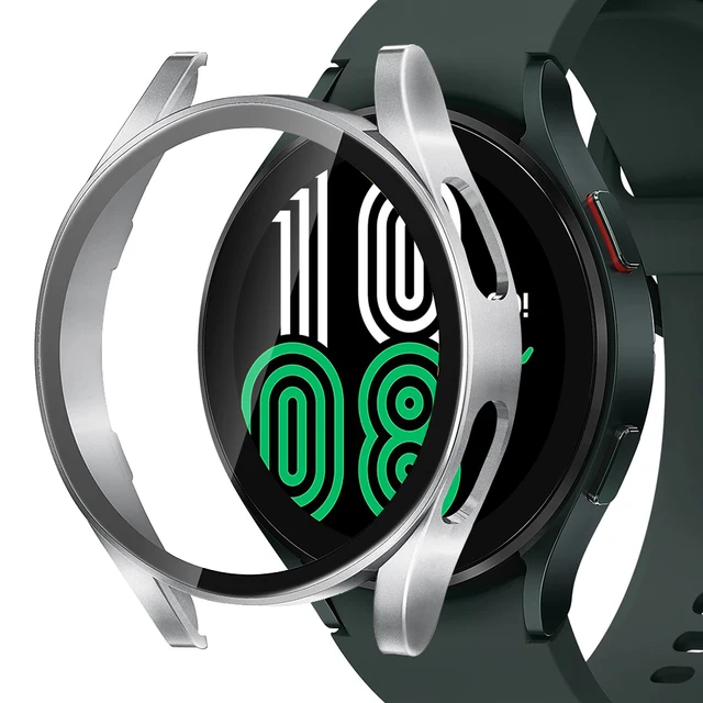 Tempered Glass+Matte Watch Cover for Galaxy Watch 4 Case 44mm 40mm，Bumper Full Screen Protector for Samsung Galaxy Watch4 Silver