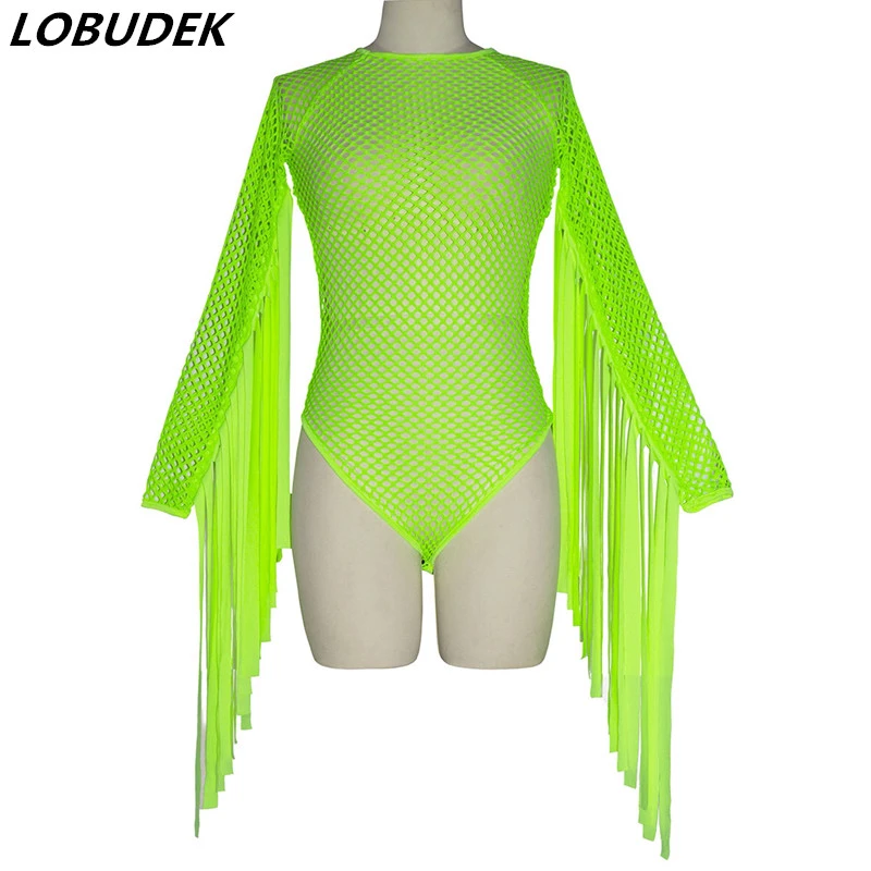 corset bodysuit Women Neon Green Tassels Sleeve Fringe Bodysuit Sexy Hollow Out Stage Costume Bar Nightclub DJ Pole Dancing Dance Bodysuits bustier bodysuit