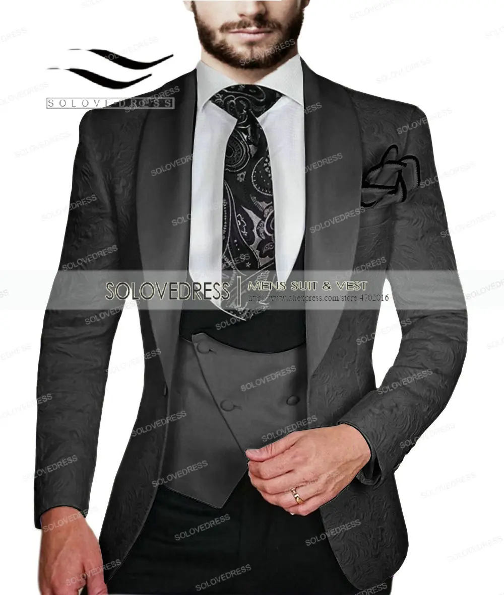 White Men's printed Suits Classic Design Slim Fit Shawl Lapel Tuxedos 3-Pieces Groomsmen Dress For Wedding (Blazer+vest+Pants)