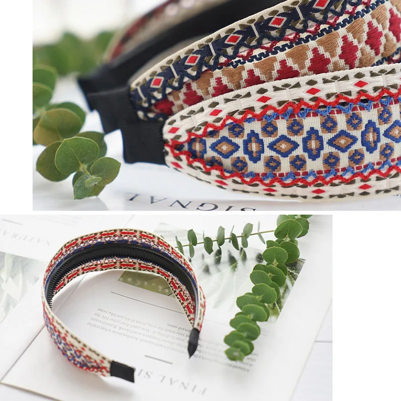 Богемный Национальный Ветер Hairband хлопок лен зубчатые противоскользящие Корея широкая повязка на голову для женщин вышивка головы пряжки резинки для волос