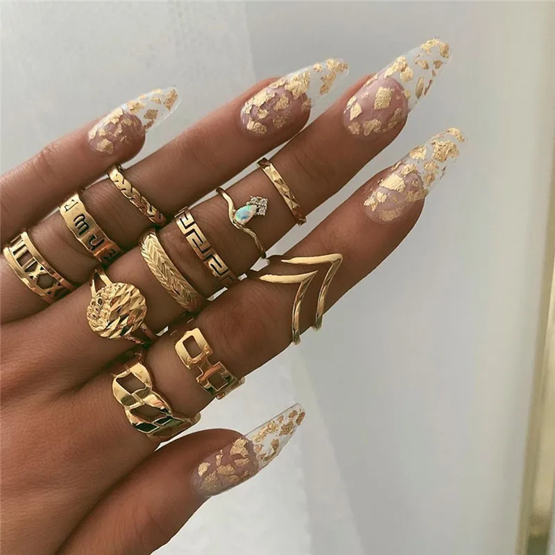 

LETAPI 11 Pcs/set Women Fashion Rings Set Gold Color Hollow Geometric Opal Ring for Woman Wedding Jewelry