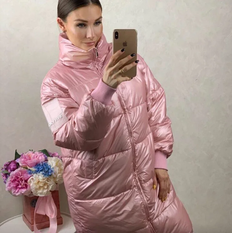 

2019 Cross Border Hot Bright Surface Mid-length Loose And Plus-sized Autumn And Winter Cotton-padded Jacket INS Super Fire Women