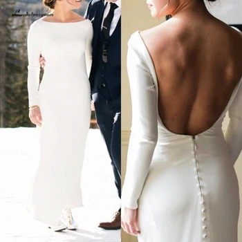 

Lakshmigown Simple Satin Wedding Dresses Long Sleeves White Bride WeddingGowns Saudi Arabia Bridal Gowns Robe de Mariage 2020