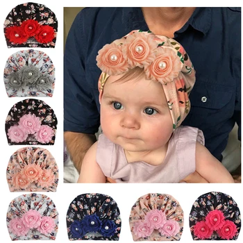 

New Arrival Baby Print Hat Flower Pearl Cap Soft Cotton Newborn Winter Hat Lovely Warm Hats Spring Autumn High Quality Unisex
