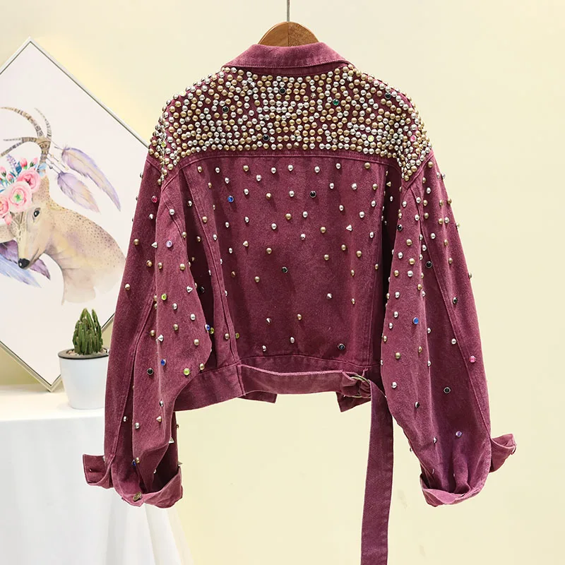 Autumn Short Denim Jacket for Women New Hand-studded Rivet Diamond Jeans Jacket Female Loose Coat Casaco Feminino