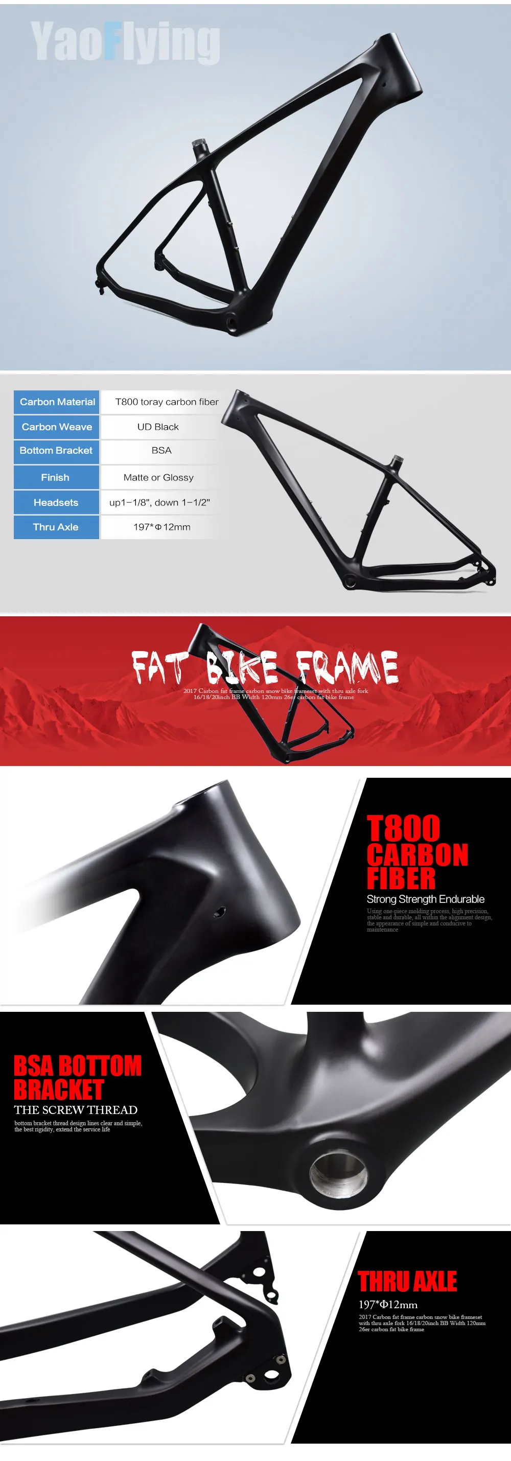 Best carbon mtb bike frame UD black carbon fat bike frame 26er 16/18/20inch BSA 197*12mm thru axle framework carbon mtb frame 3