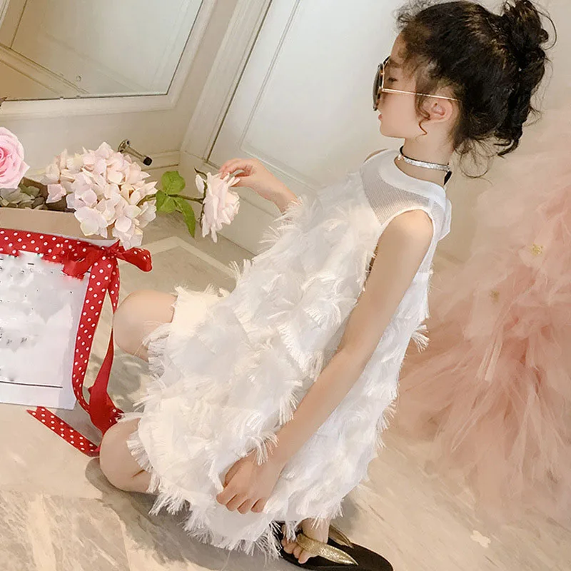 Summer Girls Dress Princess Style Back Bow Feather Chiffon Mesh Teens girls dress princess costume kids clothes for 5 7 9 11 13 Years Big Children