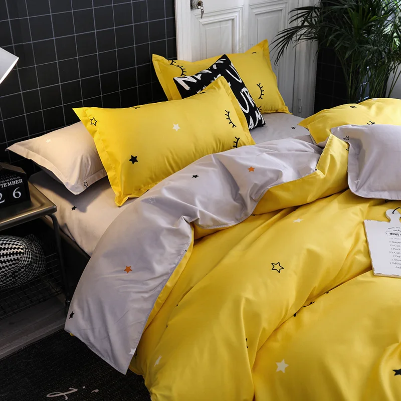 

3D Bed Set Home Textile Yellow Gray Eye Simple Bedding Sets Duvet Cover Pillowcase Flat Sheet Boy Teen Adult Girls Bed L