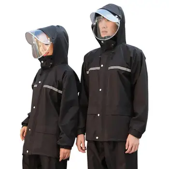 

Two-piece Unisex High Visibility Reflective Hooded Raincoat Pants Set Rain Suit men coats with Face mask screen