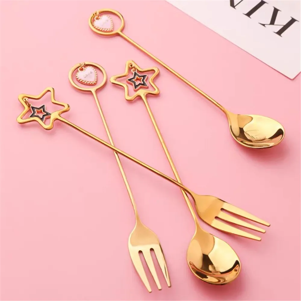 304 Stainless Steel Creative Cute Coffee Spoon Small Pendant Long Handle Water Cup Stirring Spoon Dessert Salad Fruit Fork 1PCS